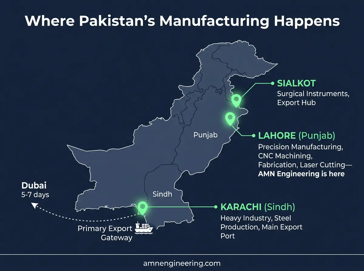 Map of Pakistan showing major manufacturing hubs including Lahore, Karachi, and Sialkot with key industries and port locations